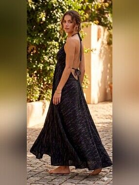 Odissea Mottled Black Halter Maxi Dress Low Back Adjustable One Size Fits Most